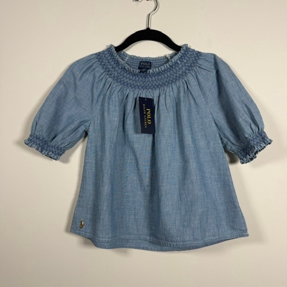 NWT Polo Ralph Lauren Girls Blue Chambray Smocked Puff Sleeve Top | Kids Size 8